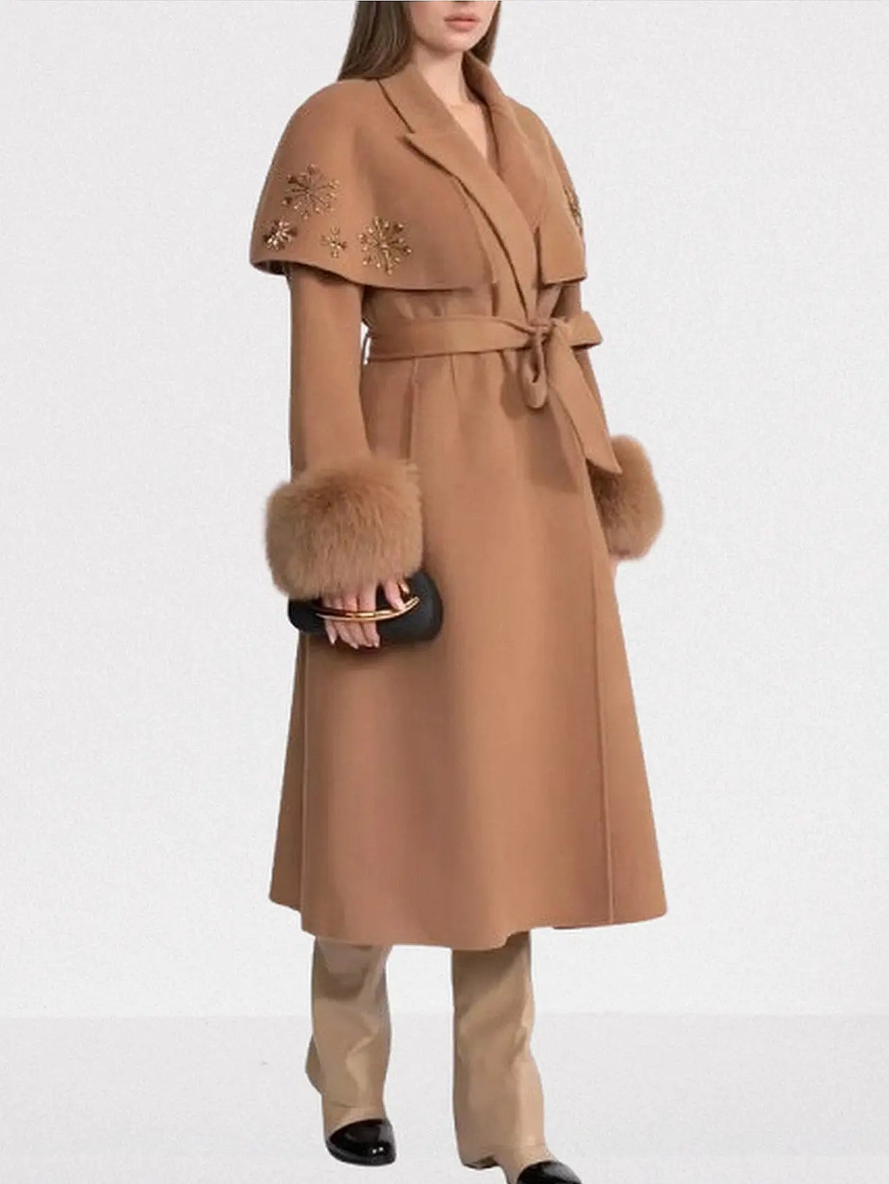 Embellished Cashmere-Blend Coat with Fox Fur Trim - Coats