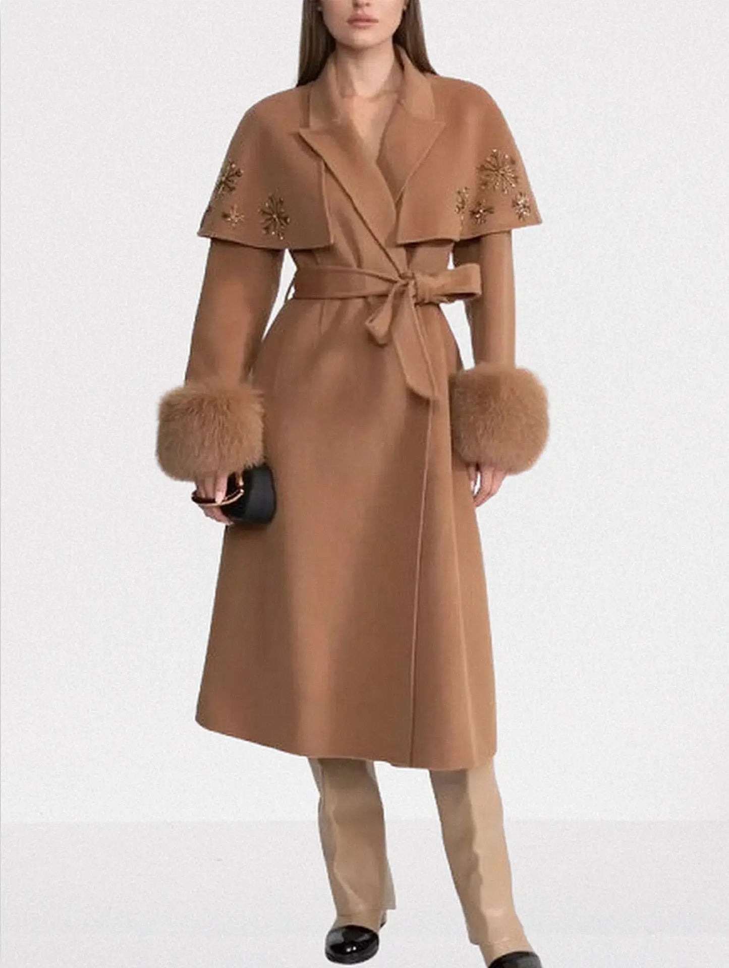 Embellished Cashmere-Blend Coat with Fox Fur Trim - Small / Camel - Coats
