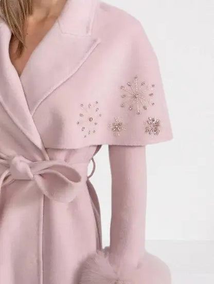 Embellished Cashmere-Blend Coat with Fox Fur Trim - Coats