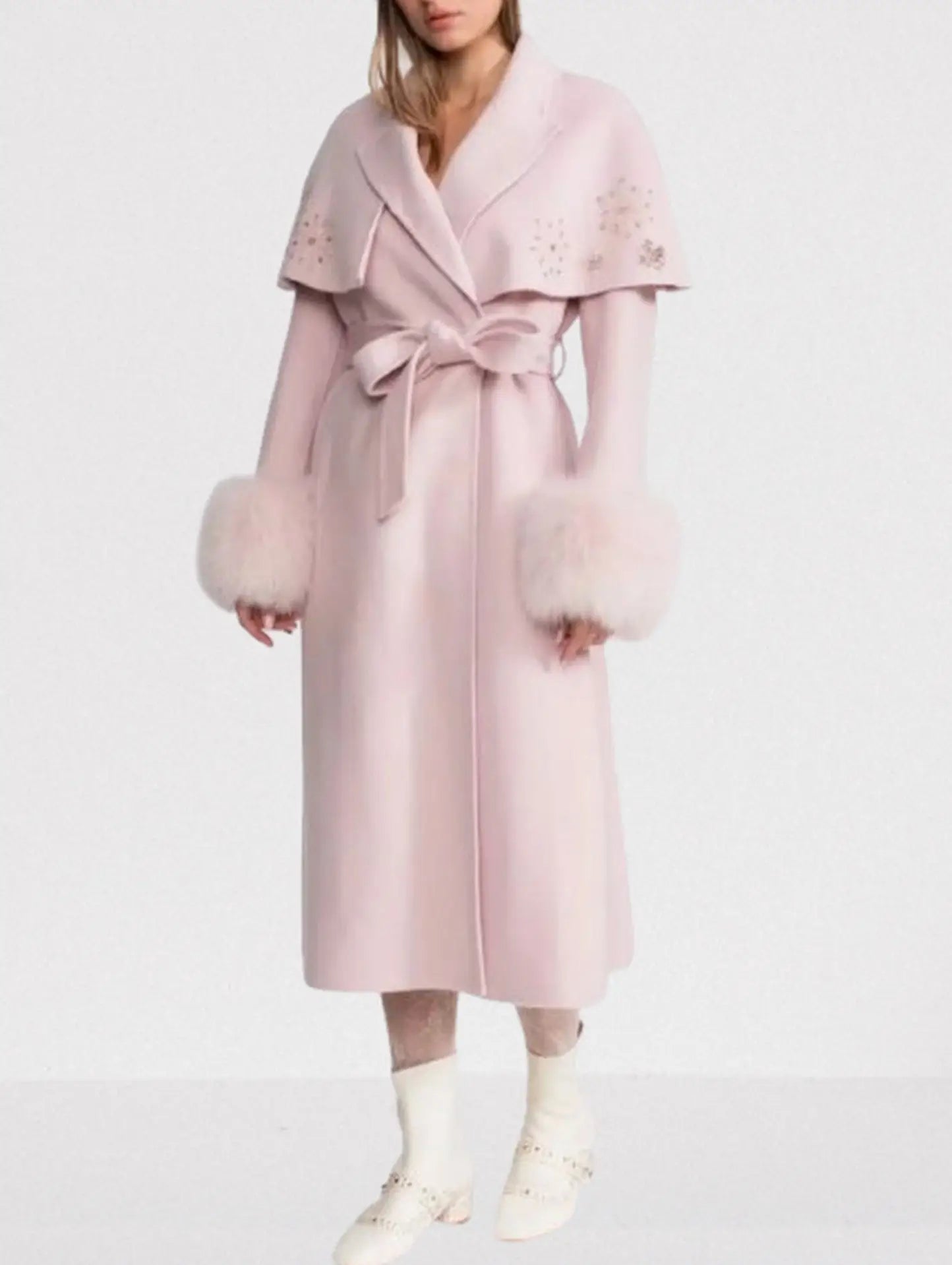 Embellished Cashmere-Blend Coat with Fox Fur Trim - Coats