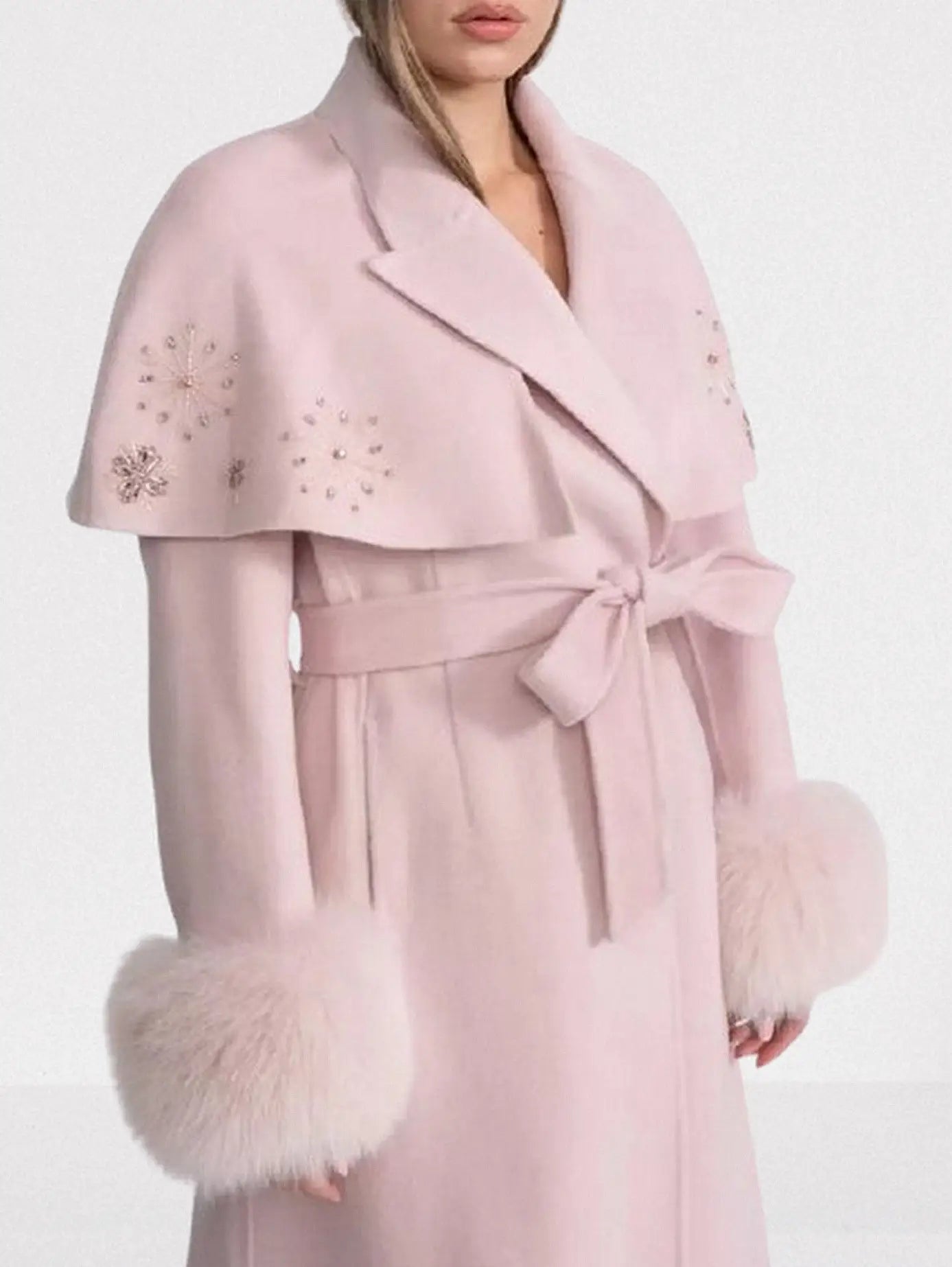 Embellished Cashmere-Blend Coat with Fox Fur Trim - Coats