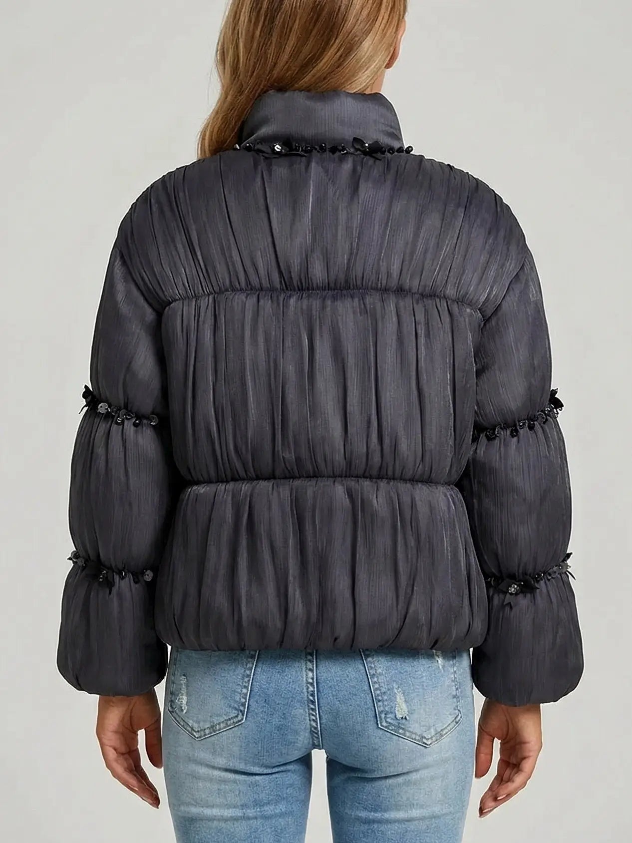 Embellished Charcoal Padded Jacket - Jackets