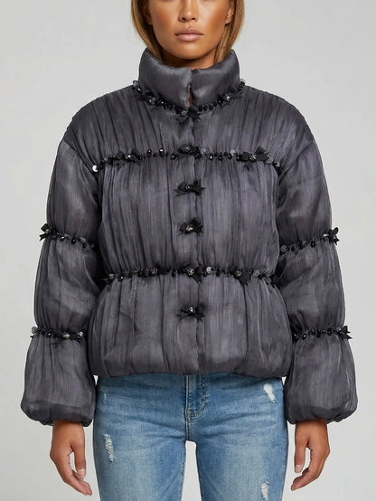 Embellished Charcoal Padded Jacket - Jackets