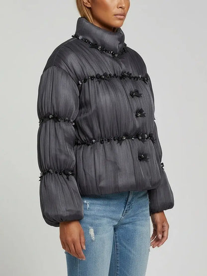 Embellished Charcoal Padded Jacket - Jackets