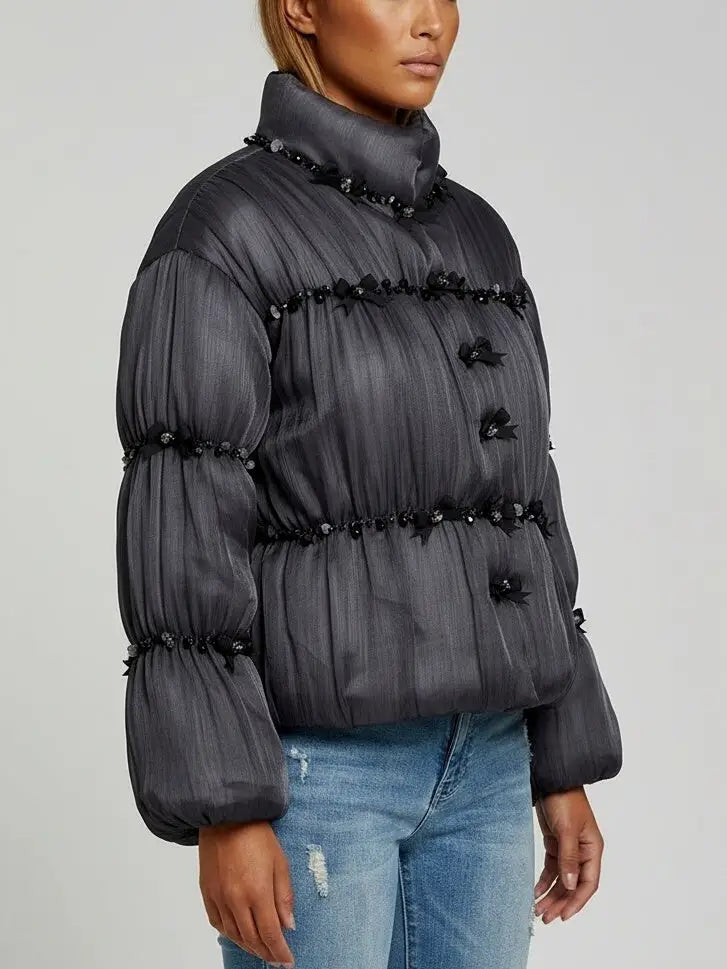 Embellished Charcoal Padded Jacket - Jackets