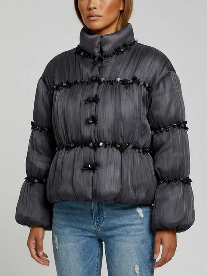 Embellished Charcoal Padded Jacket - Jackets