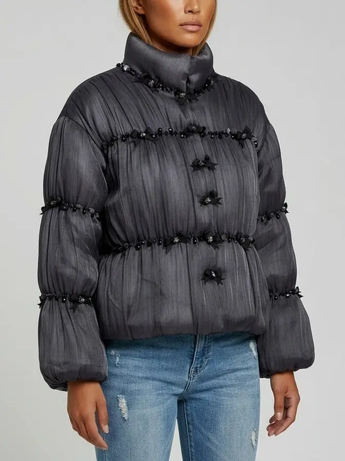Embellished Charcoal Padded Jacket - Jackets