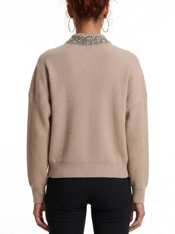 Embellished Collar Wool Blend Zip Front Cardigan - Sweaters & Knitwear
