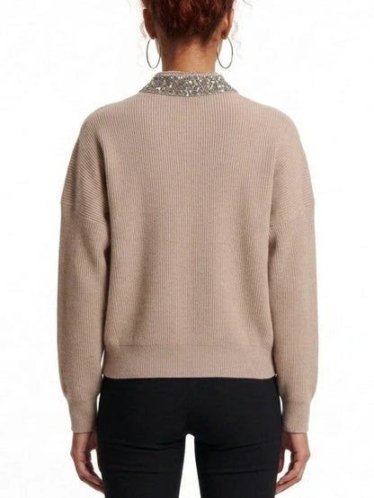 Embellished Collar Wool Blend Zip Front Cardigan - Sweaters & Knitwear