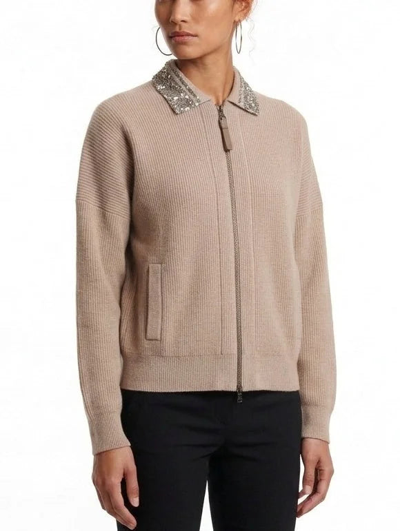 Embellished Collar Wool Blend Zip Front Cardigan - Sweaters & Knitwear