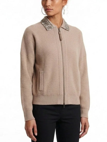 Embellished Collar Wool Blend Zip Front Cardigan - Sweaters & Knitwear