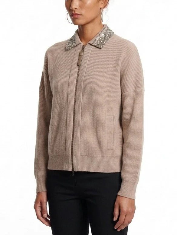 Embellished Collar Wool Blend Zip Front Cardigan - Sweaters & Knitwear