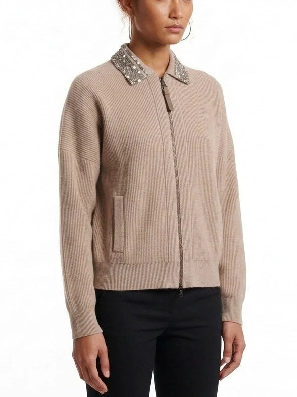 Embellished Collar Wool Blend Zip Front Cardigan - Sweaters & Knitwear