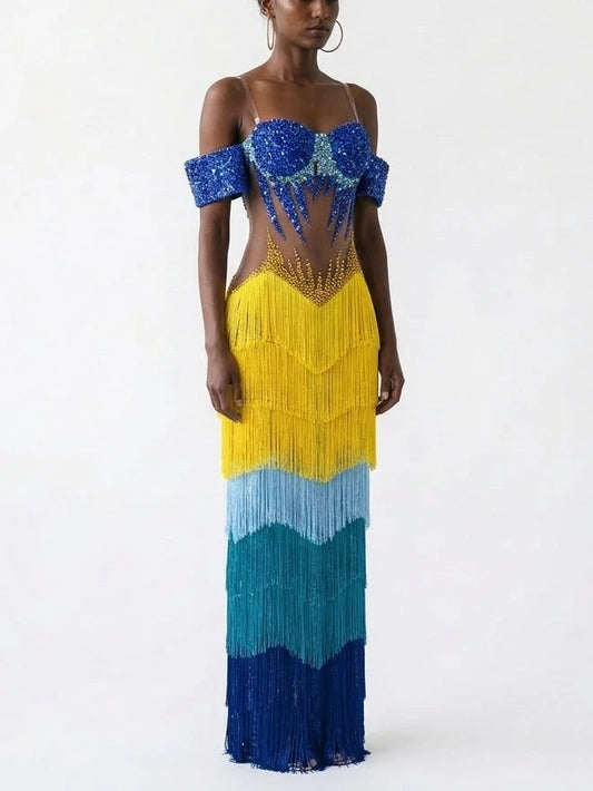 Embellished Color Block Fringe Evening Gown - Dresses