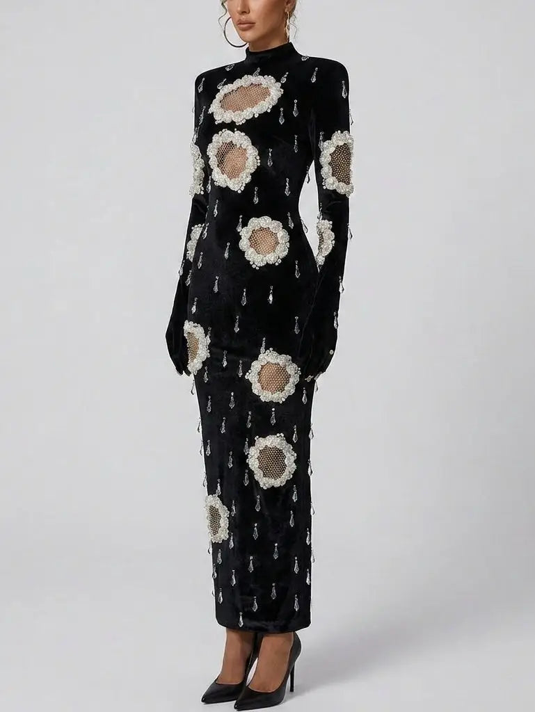 Feather and Sequin Embellished Strapless Mesh Gown - Dresses