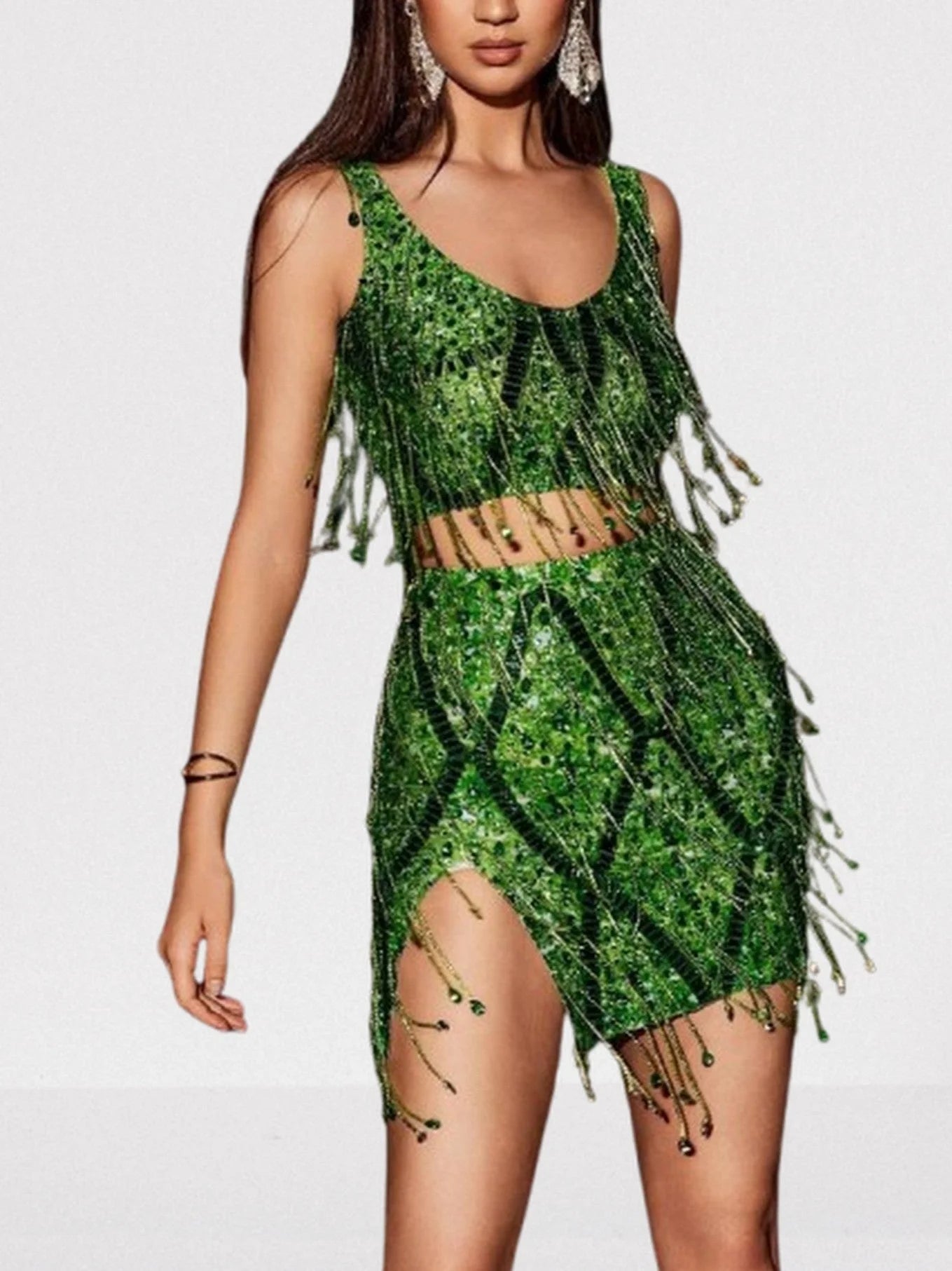 Embellished Fringed Top and Skirt Set in Green - Suits & Sets