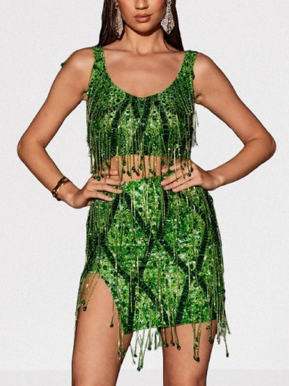 Embellished Fringed Top and Skirt Set in Green - Suits & Sets