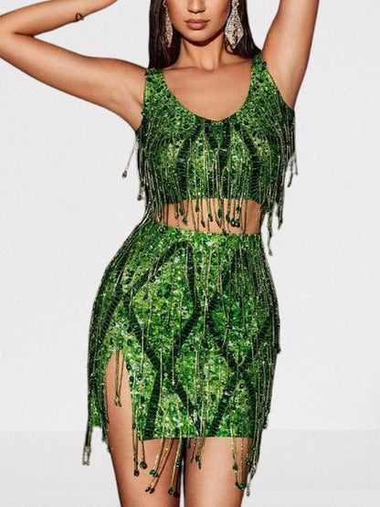 Embellished Fringed Top and Skirt Set in Green - S - Suits & Sets