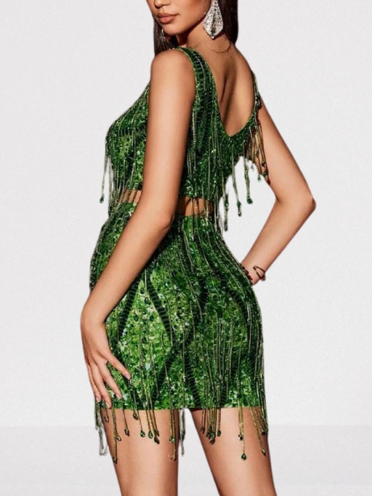 Embellished Fringed Top and Skirt Set in Green - Suits & Sets