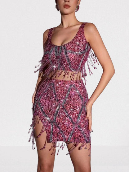 Embellished Fringed Top and Skirt Set in Pink - Suits & Sets