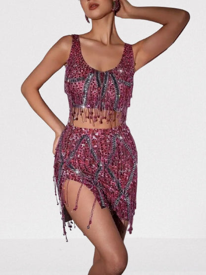 Embellished Fringed Top and Skirt Set in Pink - Suits & Sets