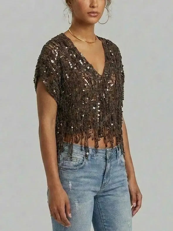 Embellished Fringed V-Neck Crop Top - Tops