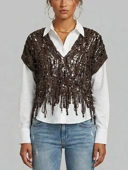 Embellished Fringed V-Neck Crop Top - Tops