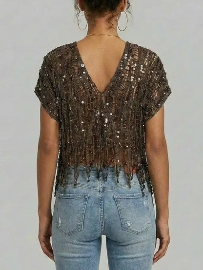 Embellished Fringed V-Neck Crop Top - Tops