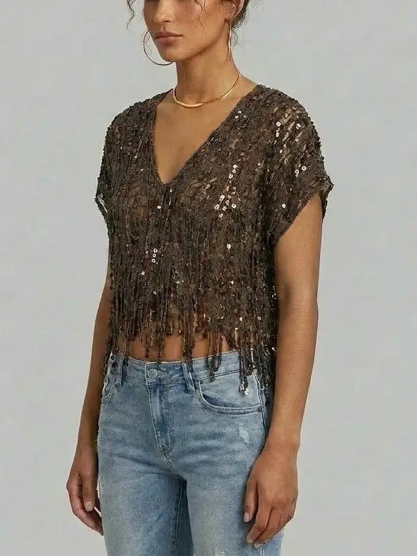 Embellished Fringed V-Neck Crop Top - Tops