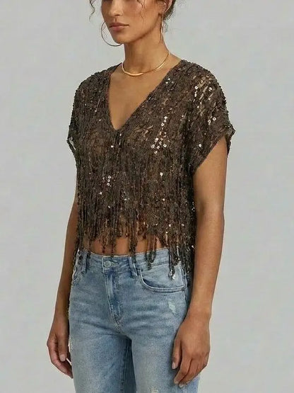 Embellished Fringed V-Neck Crop Top - Tops
