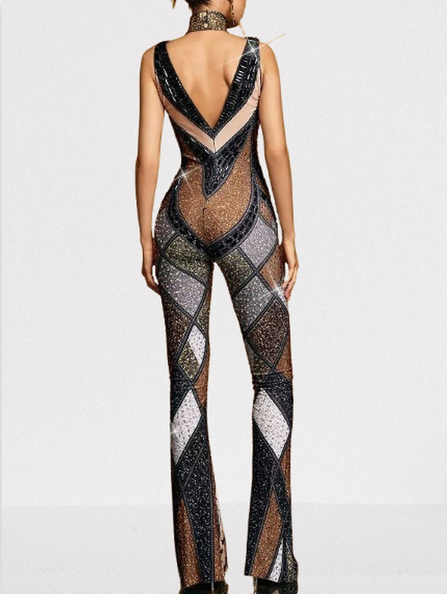 Embellished Geometric Jumpsuit with Deep V-Neck - Suits & Sets