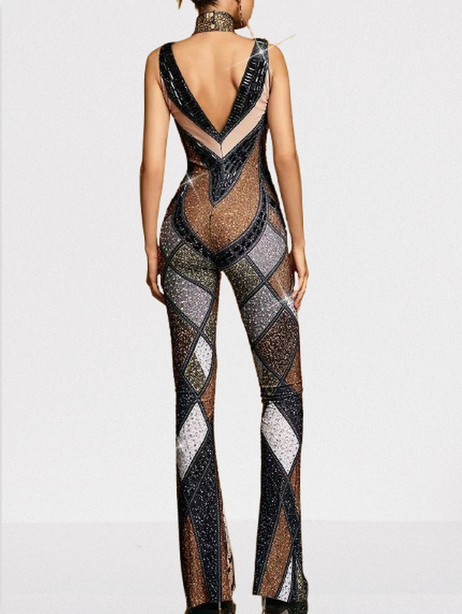 Embellished Geometric Jumpsuit with Deep V-Neck - Suits & Sets