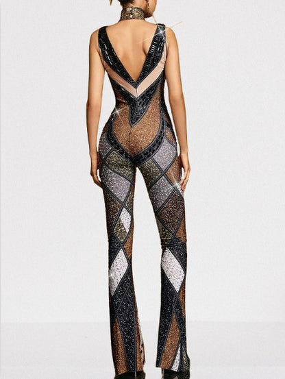 Embellished Geometric Jumpsuit with Deep V-Neck - Suits & Sets