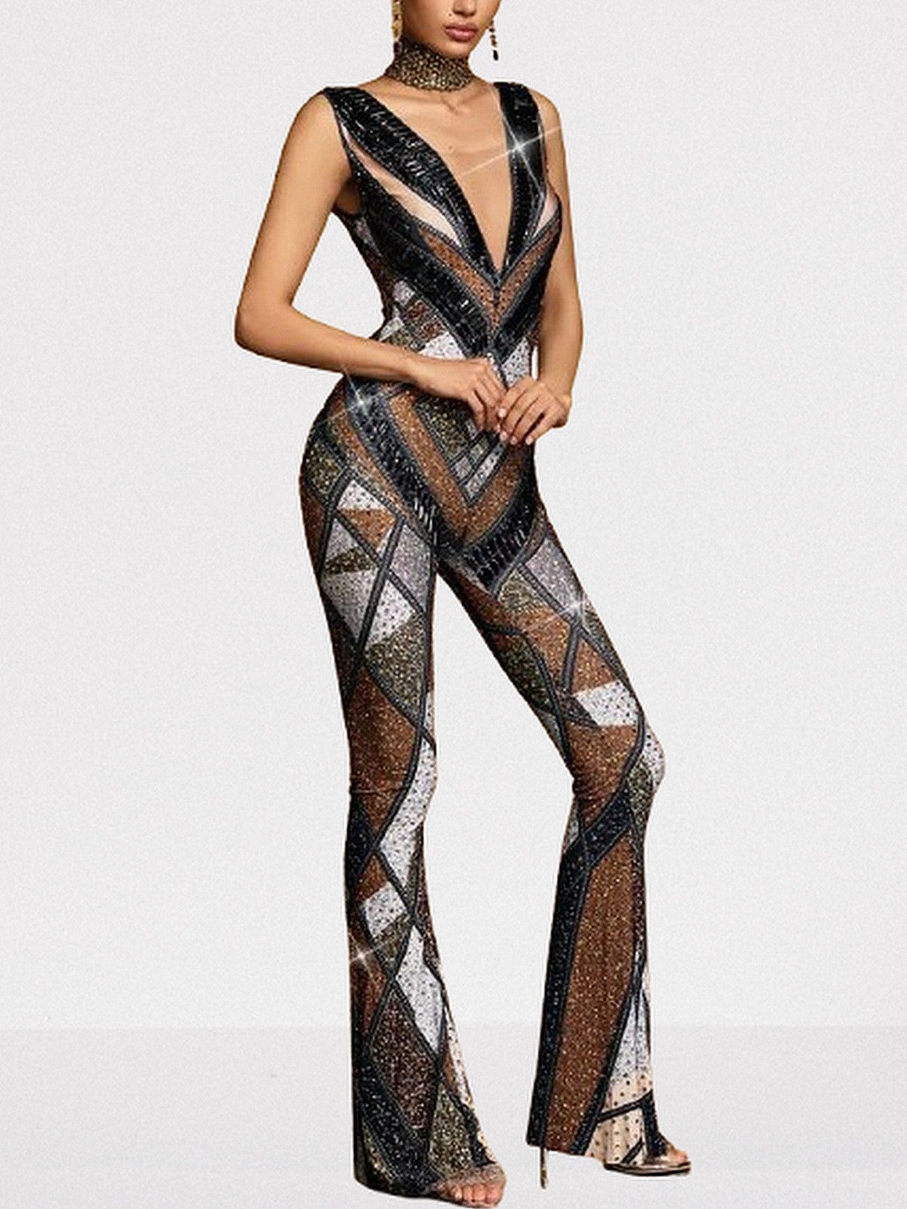 Embellished Geometric Jumpsuit with Deep V-Neck - Suits & Sets