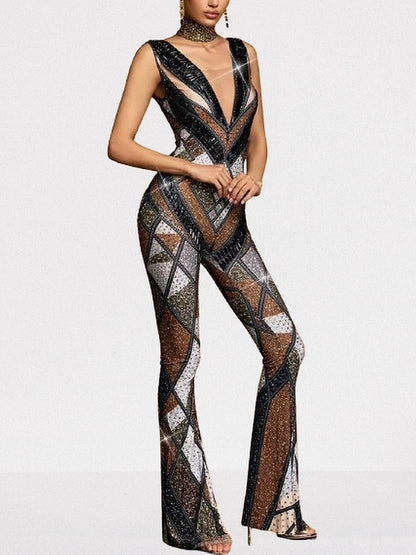 Embellished Geometric Jumpsuit with Deep V-Neck - Suits & Sets