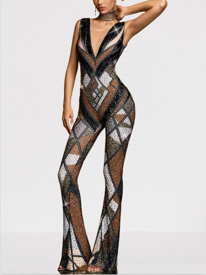 Embellished Geometric Jumpsuit with Deep V-Neck - Suits & Sets