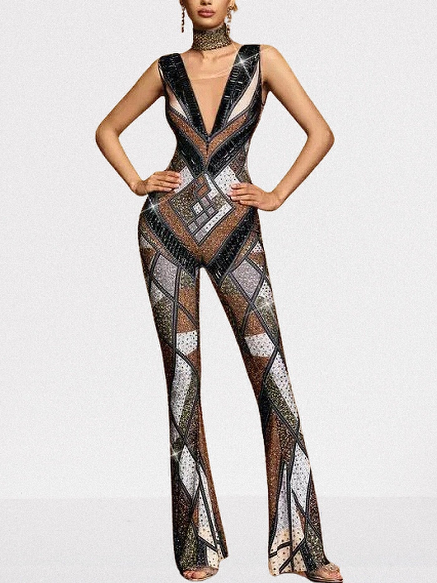 Embellished Geometric Jumpsuit with Deep V-Neck - Suits & Sets