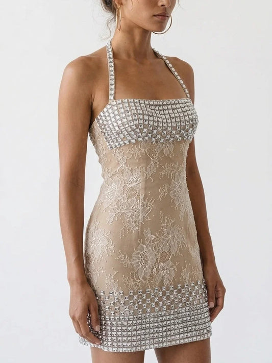 Embellished Halterneck Lace Mini Dress - Dresses