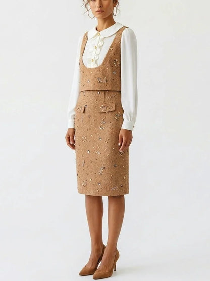 Embellished Hybrid Blouse and Pencil Skirt Set - Suits & Sets