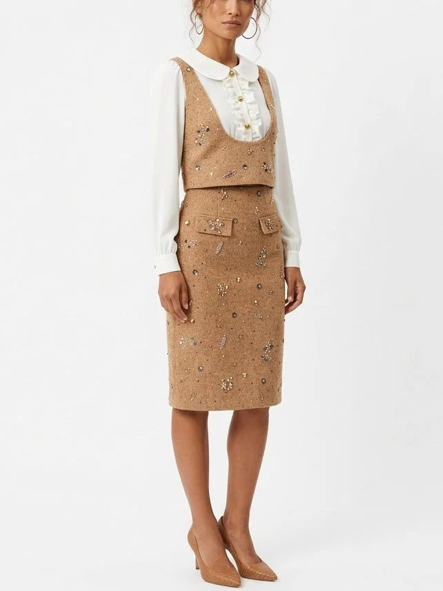 Embellished Hybrid Blouse and Pencil Skirt Set - Suits & Sets
