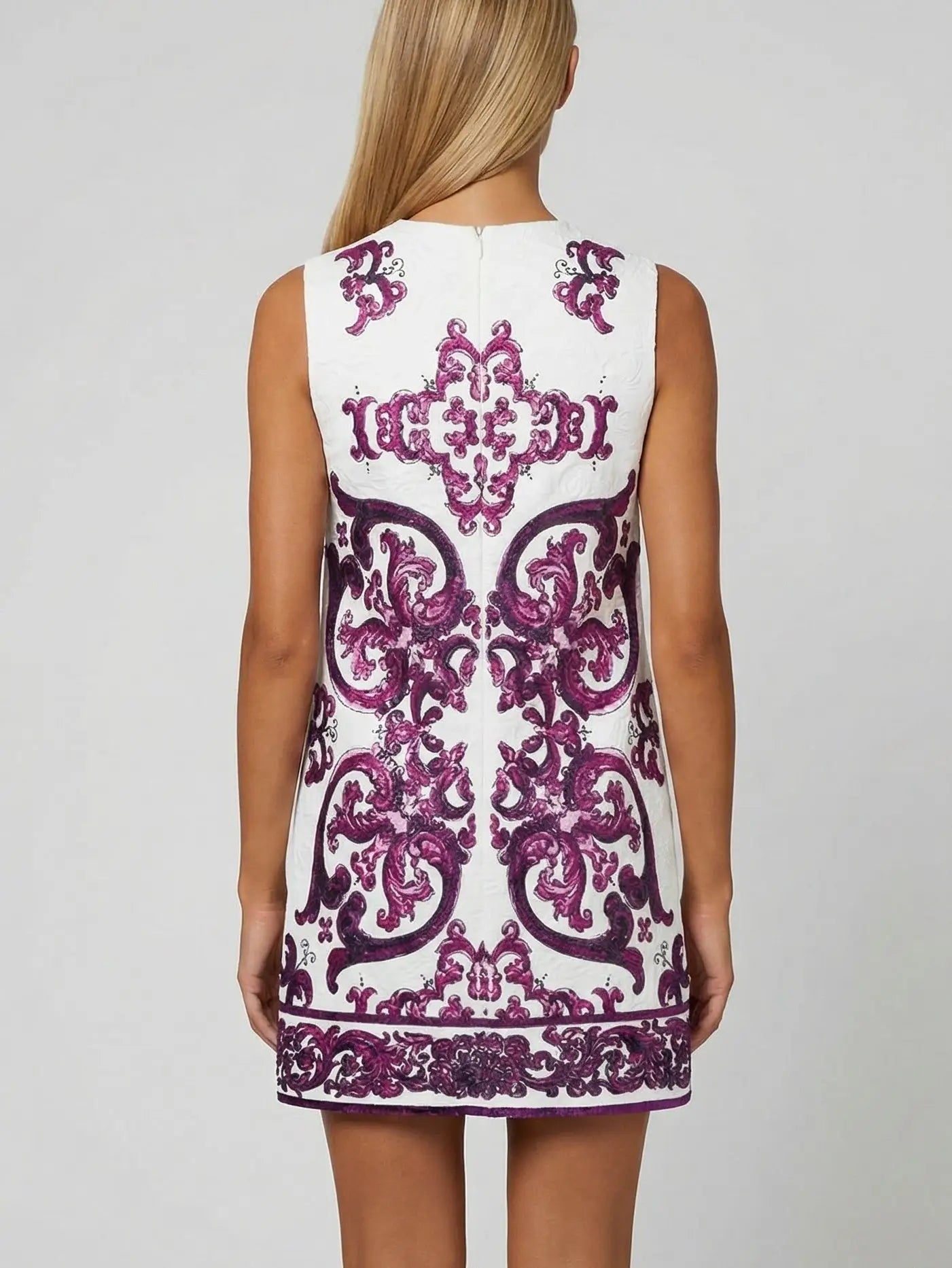 Embellished Jacquard Majolica Print Mini Dress - Dresses