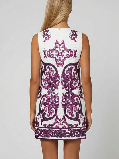 Embellished Jacquard Majolica Print Mini Dress - Dresses