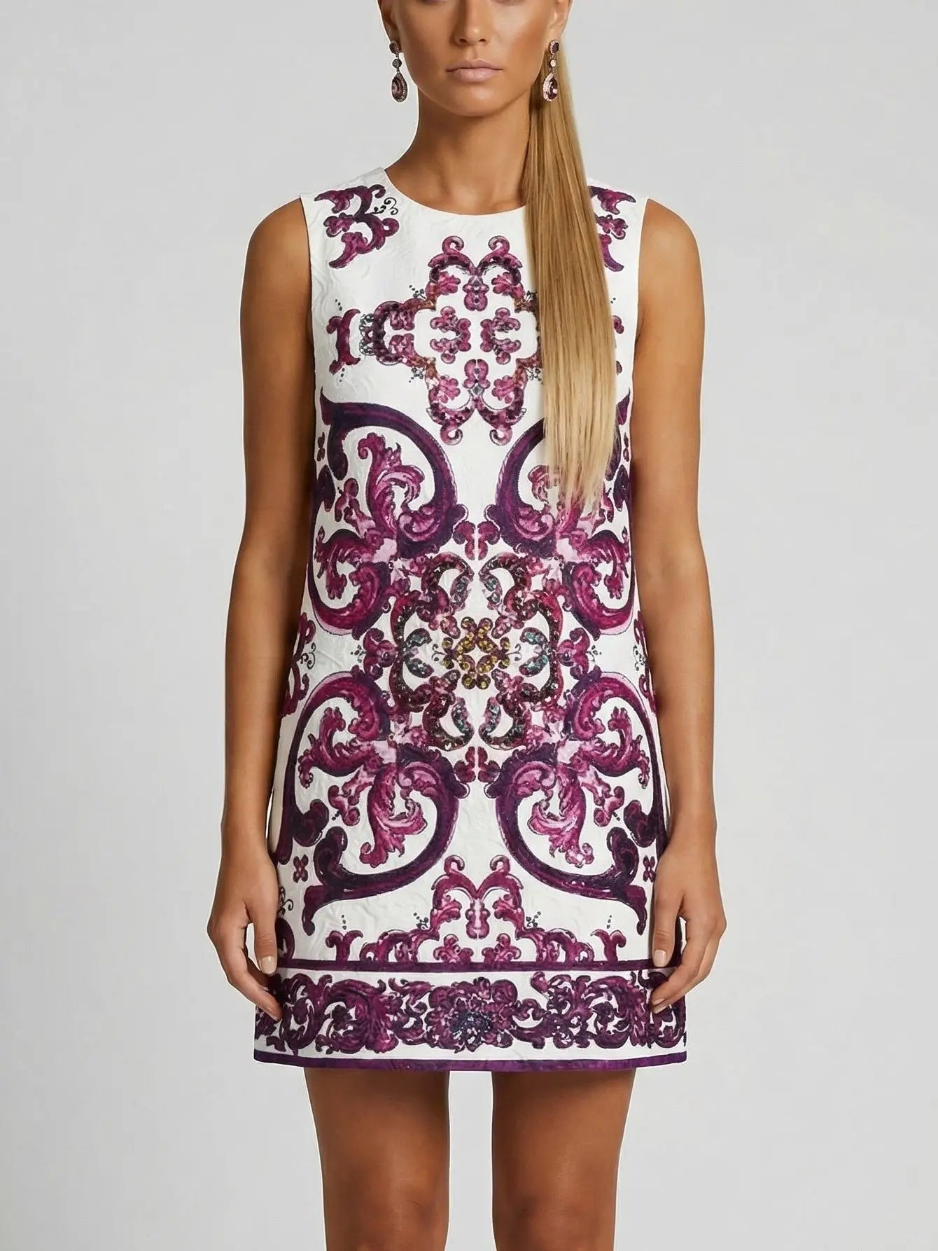 Embellished Jacquard Majolica Print Mini Dress - Dresses