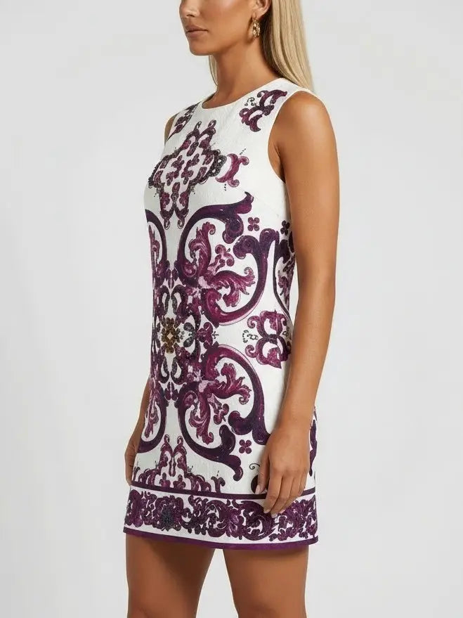 Embellished Jacquard Majolica Print Mini Dress - Dresses
