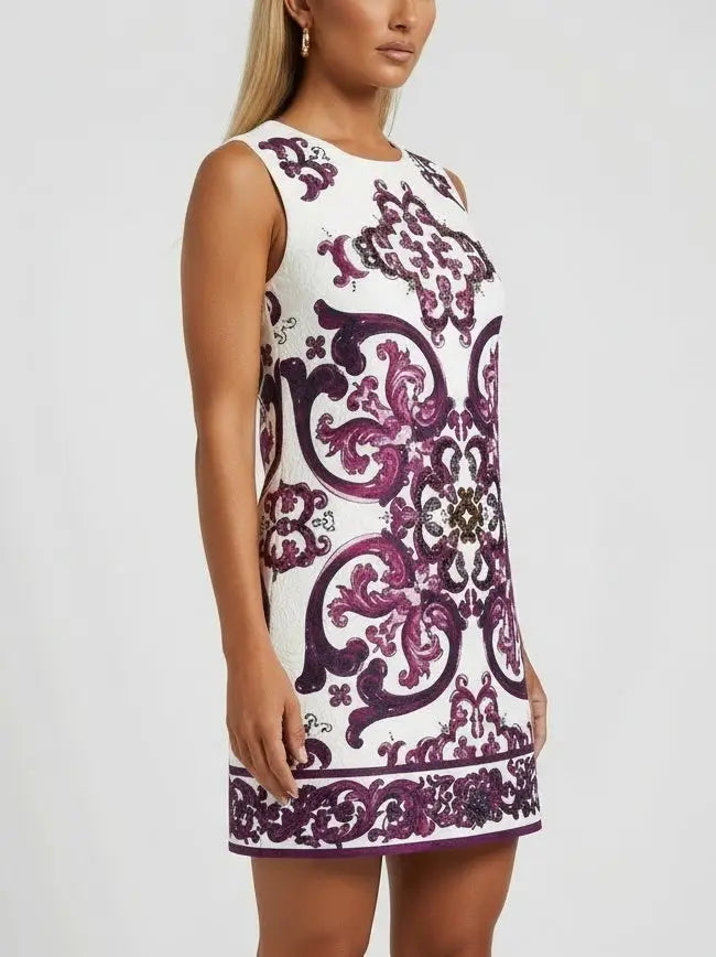 Embellished Jacquard Majolica Print Mini Dress - Dresses