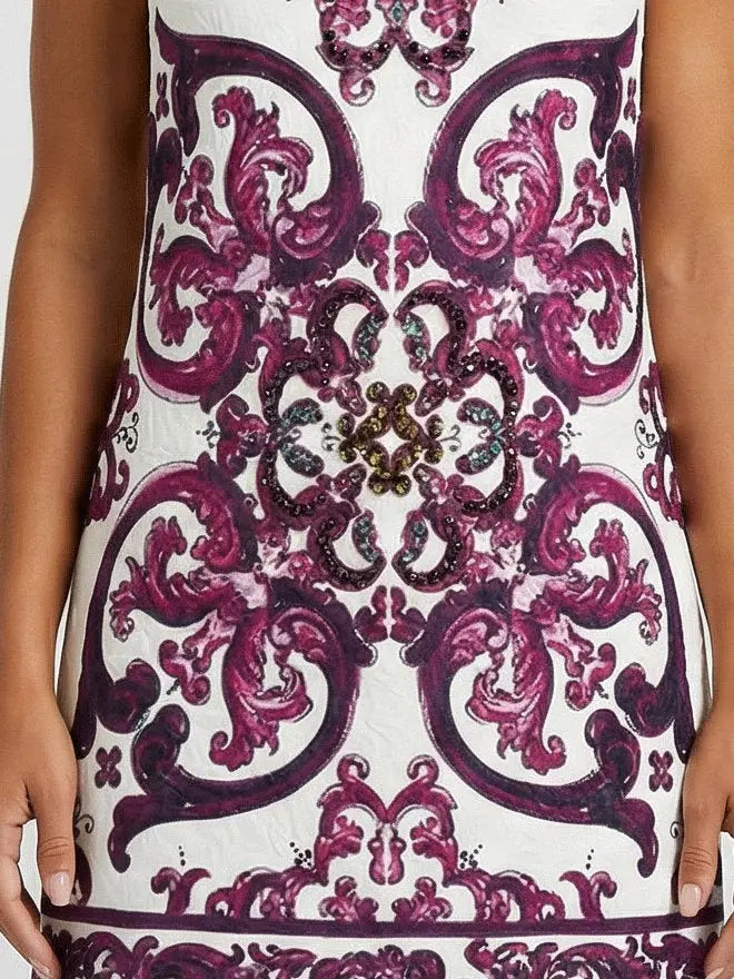 Embellished Jacquard Majolica Print Mini Dress - Dresses