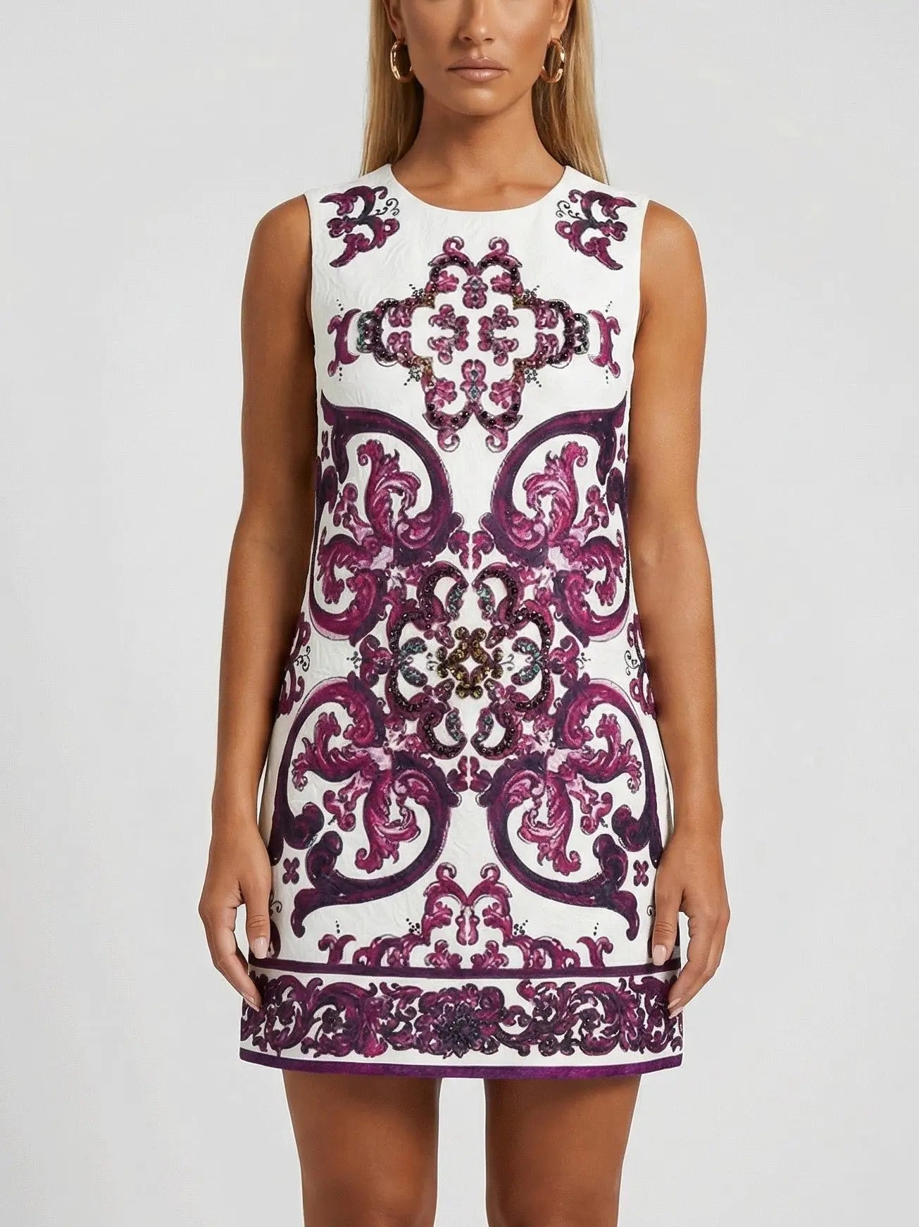 Embellished Jacquard Majolica Print Mini Dress - Dresses