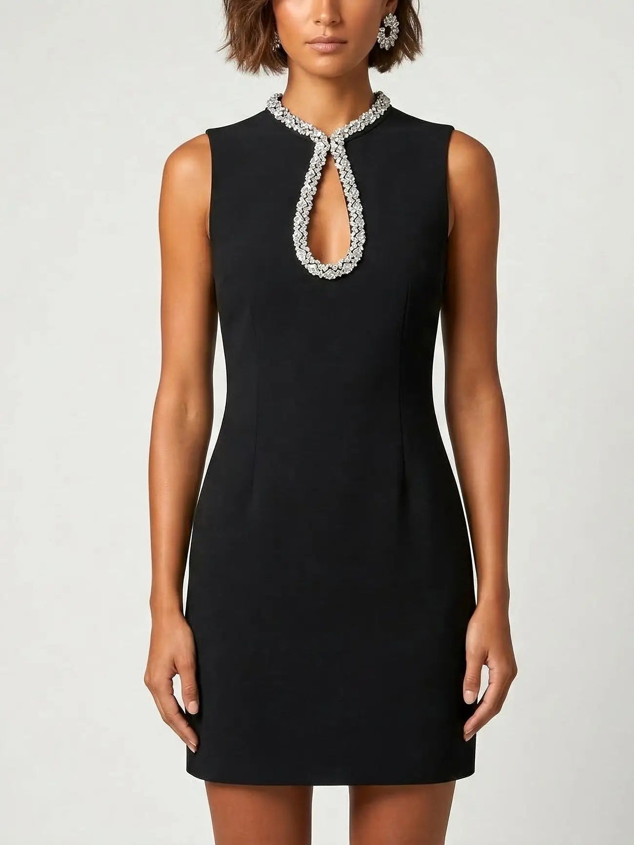 Embellished Keyhole Collar Sleeveless Mini Dress - Small / Black - Dresses