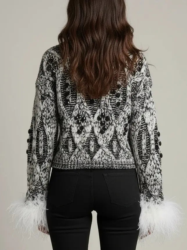 Embellished Knit Sweater with Ostrich Feather Cuffs - Sweaters & Knitwear