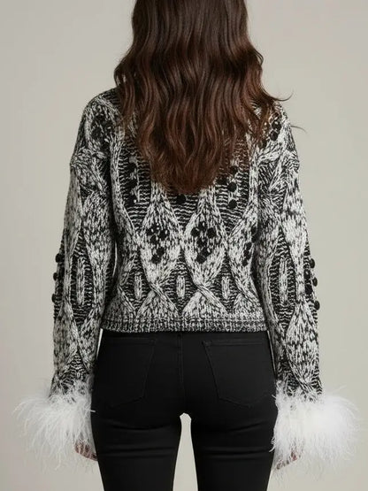 Embellished Knit Sweater with Ostrich Feather Cuffs - Sweaters & Knitwear